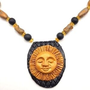 Vintage Handmade Sun Face Marbled Polymer Clay Statement Necklace Magnet Closure